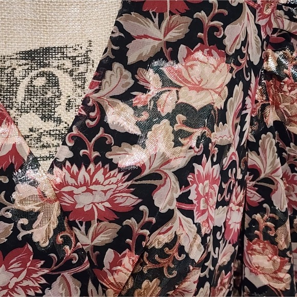 EXPRESS Floral Metallic Gold Puff Sleeve Shoulder Sheath Wrap Dress Size large - Picture 11 of 15